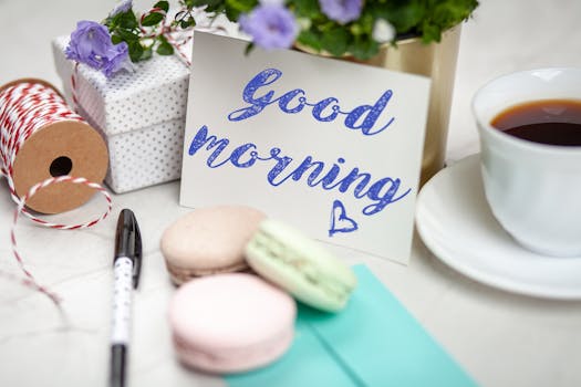 Good morning card with coffee, macarons, and gifts creating a cozy scene.