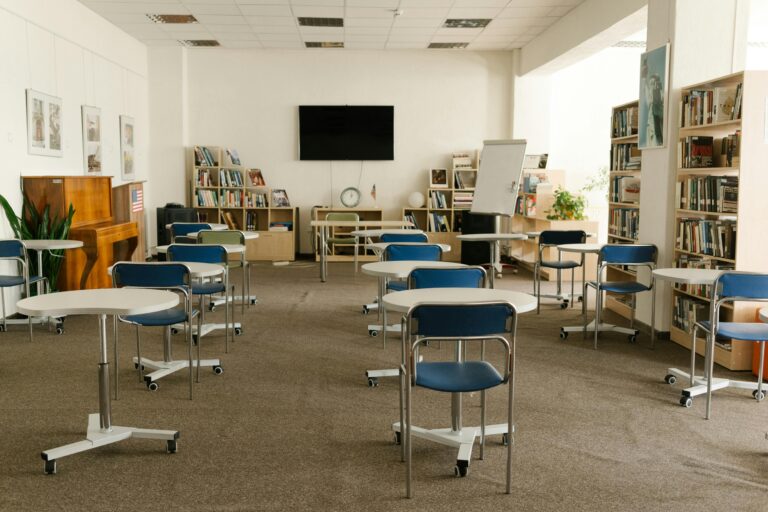 A modern classroom interior featuring bookshelves, chairs, tables, and a television for an educational setting.